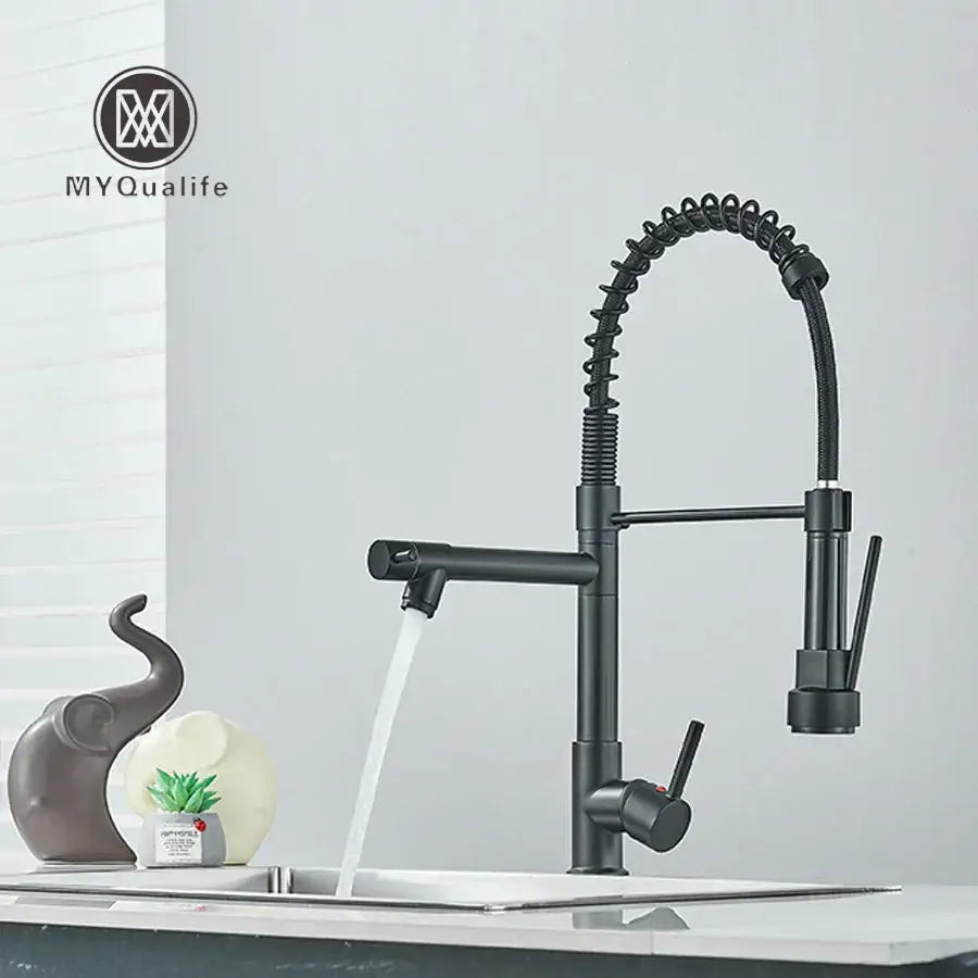 Chrome and black dual spout brass kitchen sink faucet