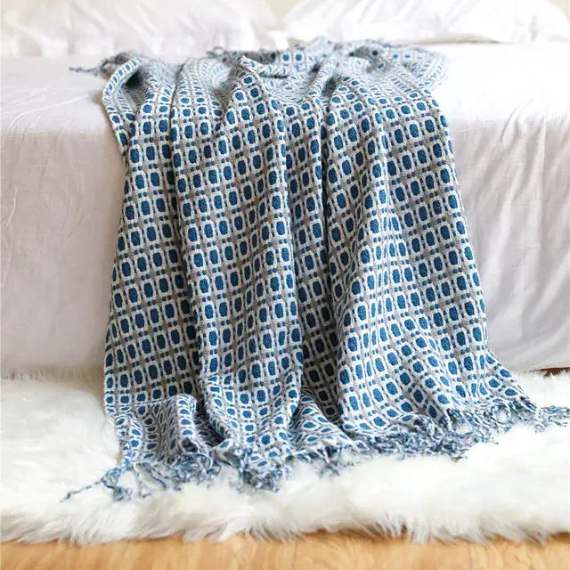 Classic black & white houndstooth throw blanket – living room fringed scarf