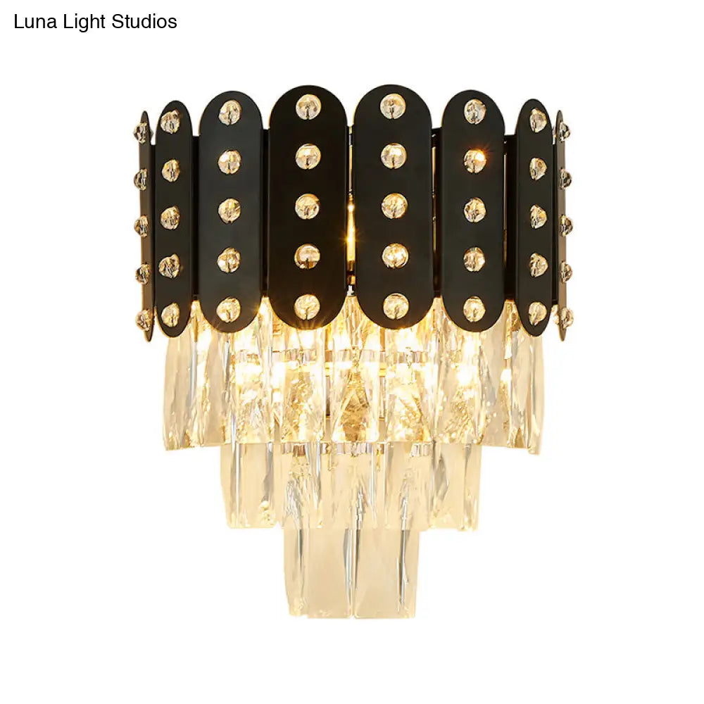 DecorBites™ Clear Faceted Crystal Wall Lighting: 3-Light, 3-Tier, Wall Mounted. Contemporary Design in Black.