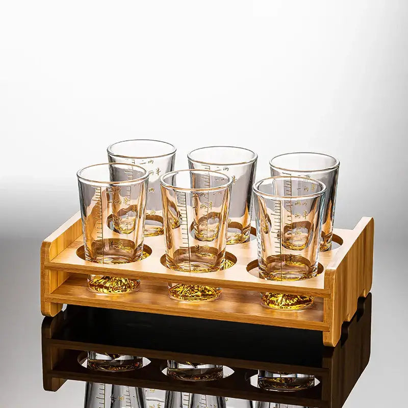 Clear glass liquor cup set with measurement markings dining room glass