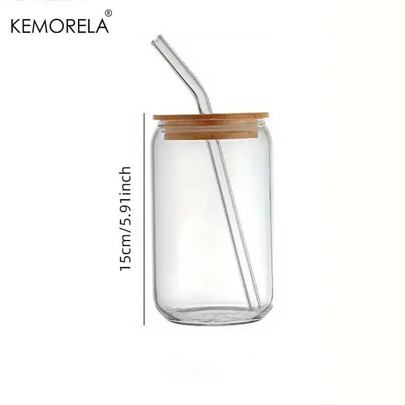 Clear glass tumbler cups with bamboo lid and straw kitchen set