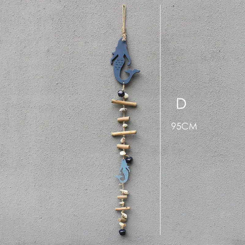 Coastal blue & white fish drift wood bells living room wall decor