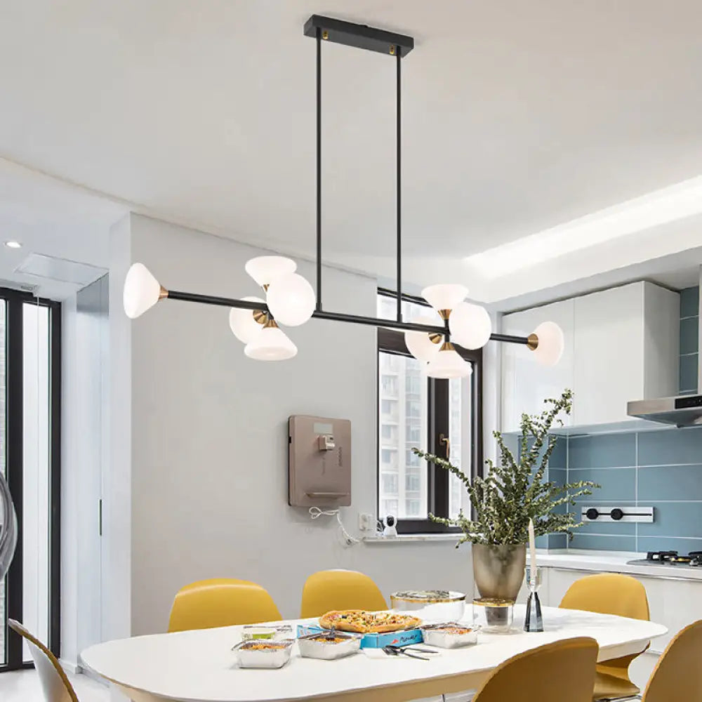 DecorBites™ Contemporary 6/10-Head LED Island Pendant Light with White Glass Shades - Black Linear Ceiling Fixture