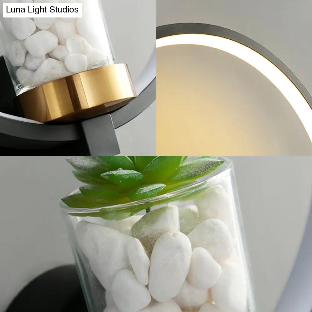 DecorBites™ Contemporary Black Wall Mount Ring Light with LED Warm-Light and Potted Plant Sconce Fixture