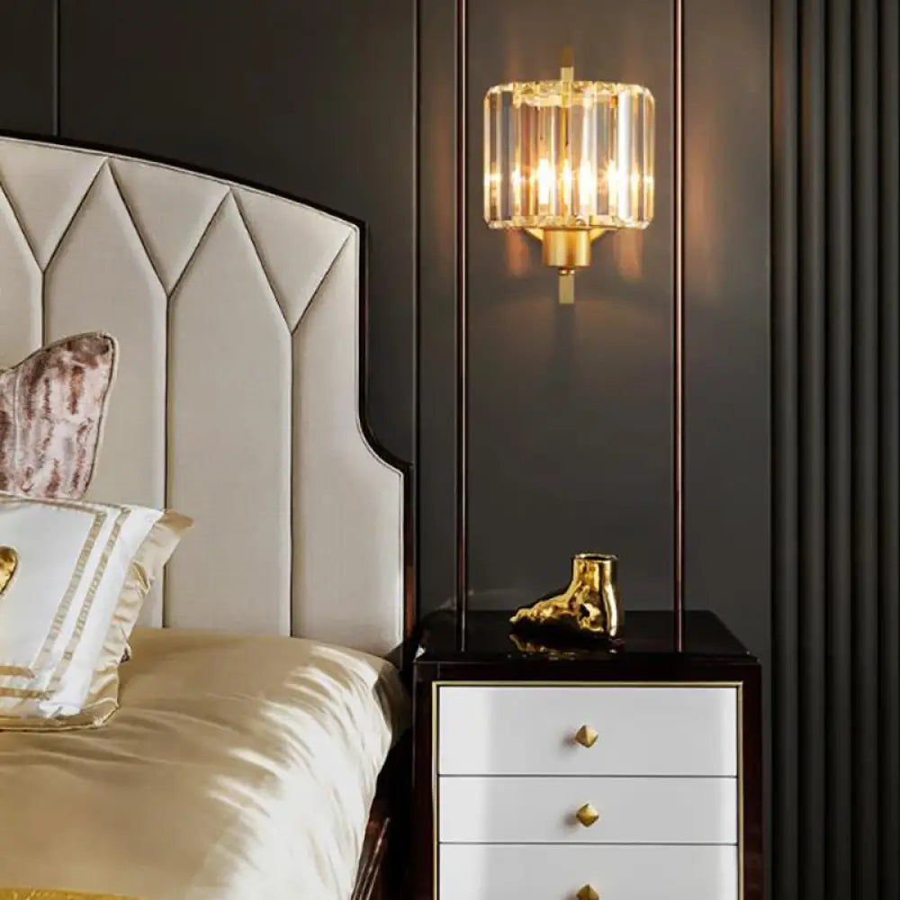 DecorBites™ Contemporary Clear Crystal Drum Wall Sconce Lighting - Black/Gold 1 Light Wall Lamp for Bedroom