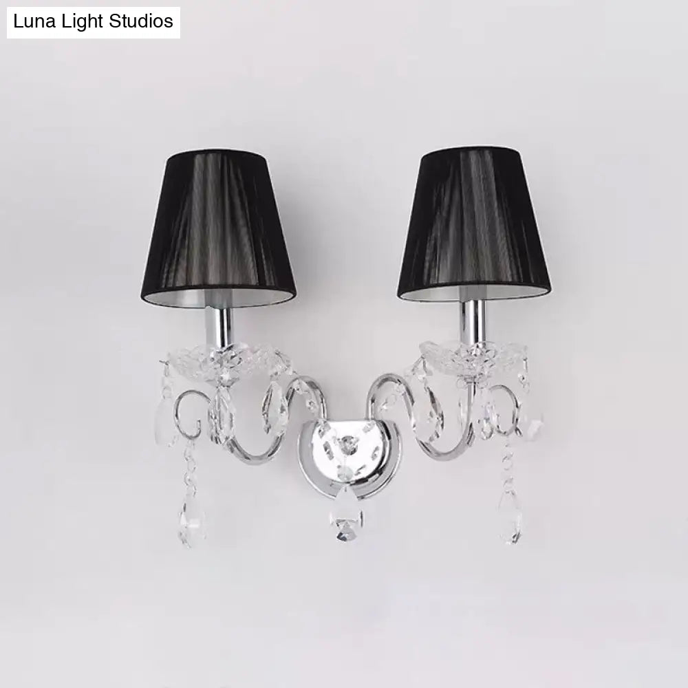 DecorBites™ Contemporary Crystal Wall Sconce with Gathered Fabric Shade - 2 Bulb Light Fixture for Living Room, Black