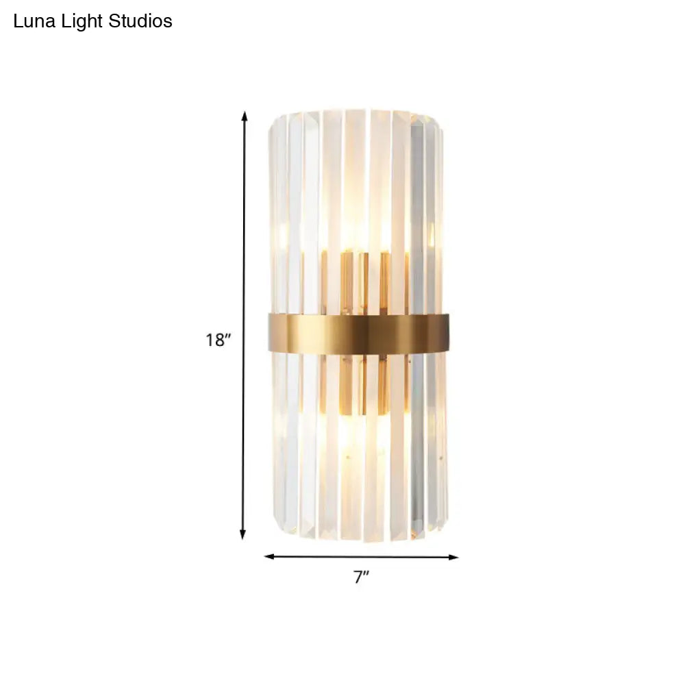 DecorBites™ Contemporary Cylinder Sconce Light: Dual Head Gold Wall Mounted Fixture with Crystal Rod Accent