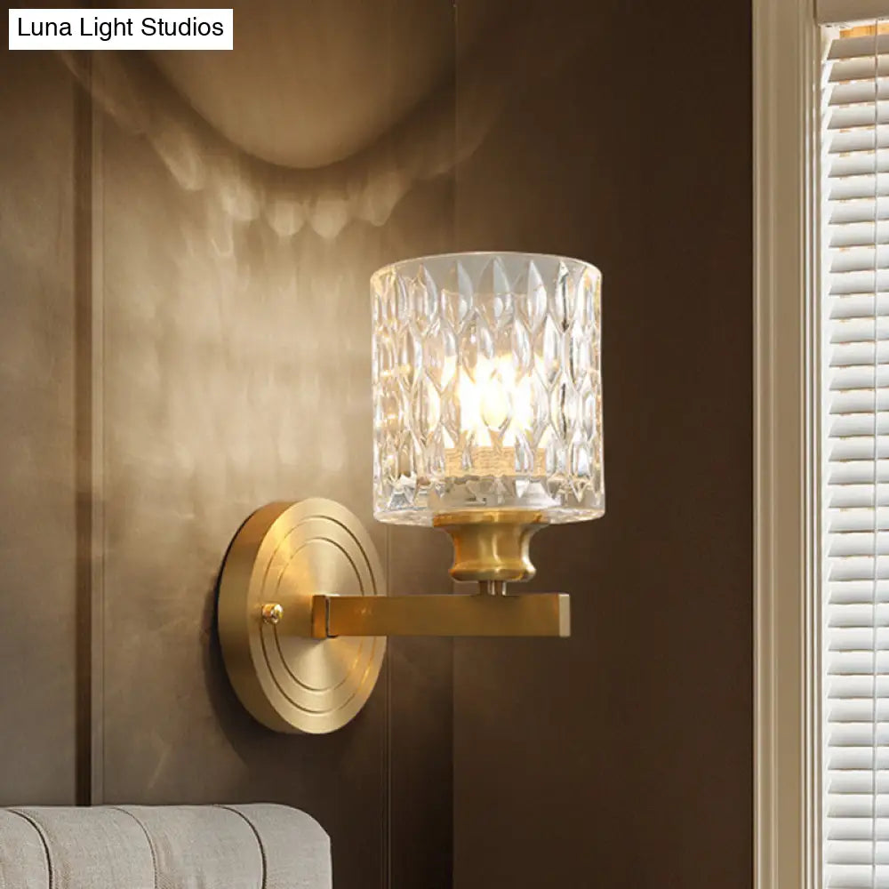 DecorBites™ Contemporary Cylindrical Wall Light: Stylish Clear Dimpled Glass Design, Golden Wall Sconce for Bedroom