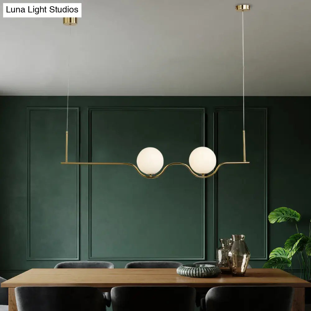 DecorBites™ Contemporary Gold Island Lamp with 2 Heads, Spherical White Glass Shade – Dining Room Hanging Light Kit