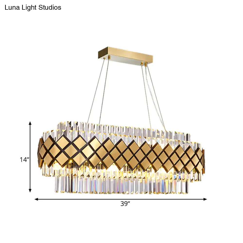 DecorBites™ Contemporary Gold Pendant - Crystal Block Oval Island Light with 16-Light Dining Room Illumination and Lattice Frame