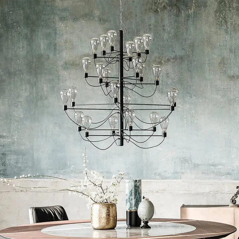 Contemporary iron glass chandelier – foyer tiered black metal light