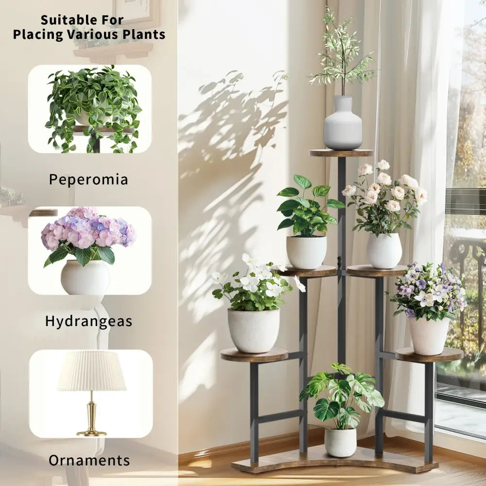 Modern black metal corner plant stand living room wood shelves