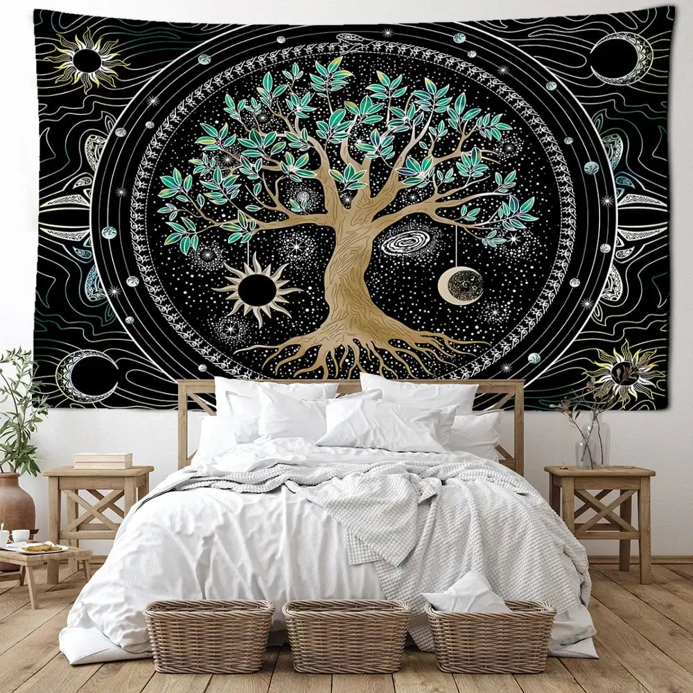 Cosmic teal and black green life tree tapestry bedroom wall hanging