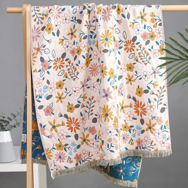 Country flowers cotton floral knit throw blanket bedroom fringe decor