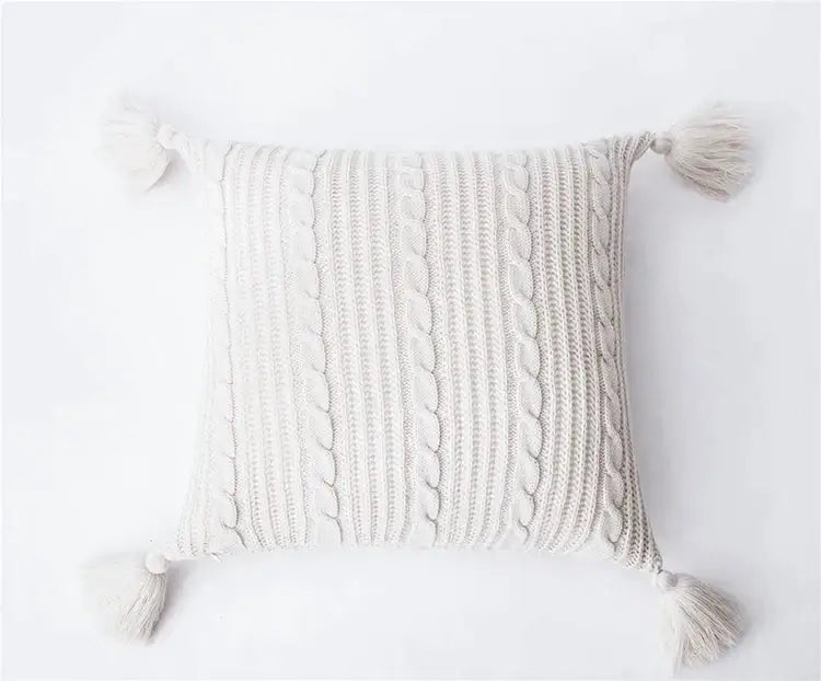 Cozy textured knit cushion cover with tassels for living room bed
