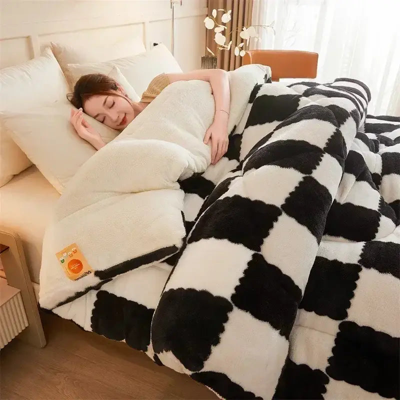 Cream and tan cozy checkerboard cashmere weighted blanket bedroom
