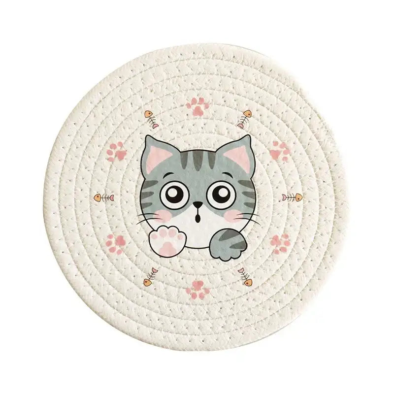 Cream braided rope cat print round coaster dining room heat pad