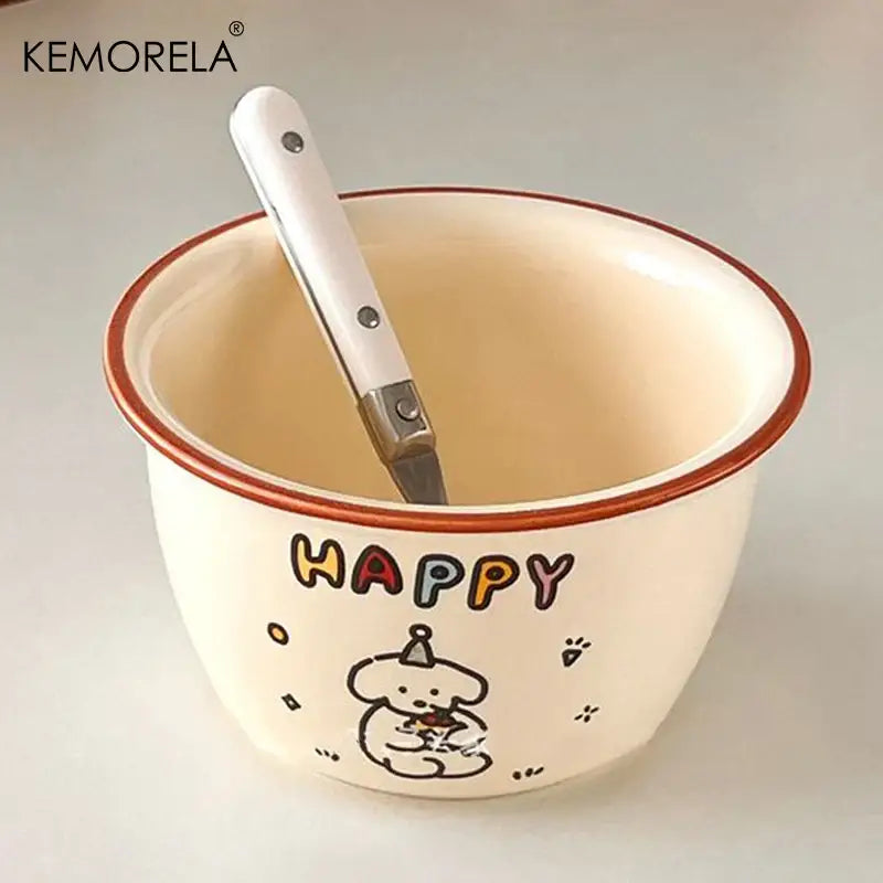 Cream dog illustration carton ceramic soup bowls dining room kitchen
