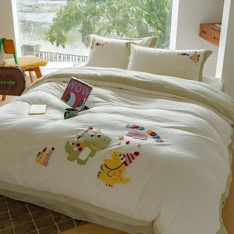 Cream embroidered milk fleece dinosaur bedding set bedroom plush duvet