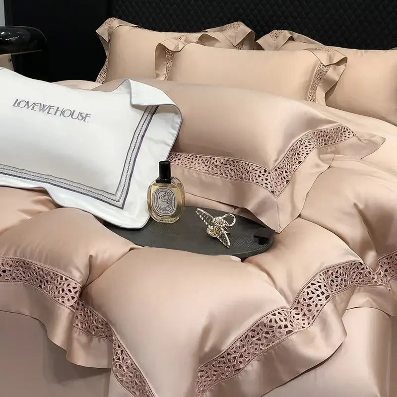 Cream eucalyptus lyocell 1000tc bedding set with lace bedroom decor