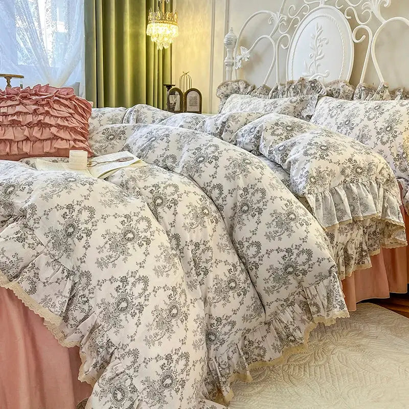 Cream floral double layer lace ruffles bedding set bedroom decor