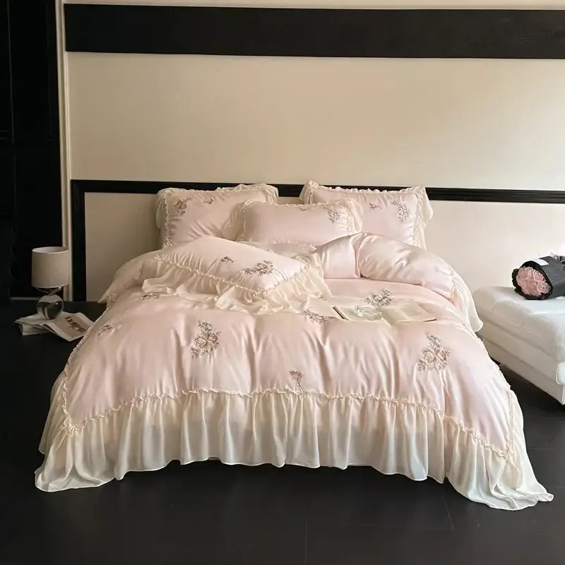 Cream flowers embroidery lace ruffles bedding set bedroom satin lyocell