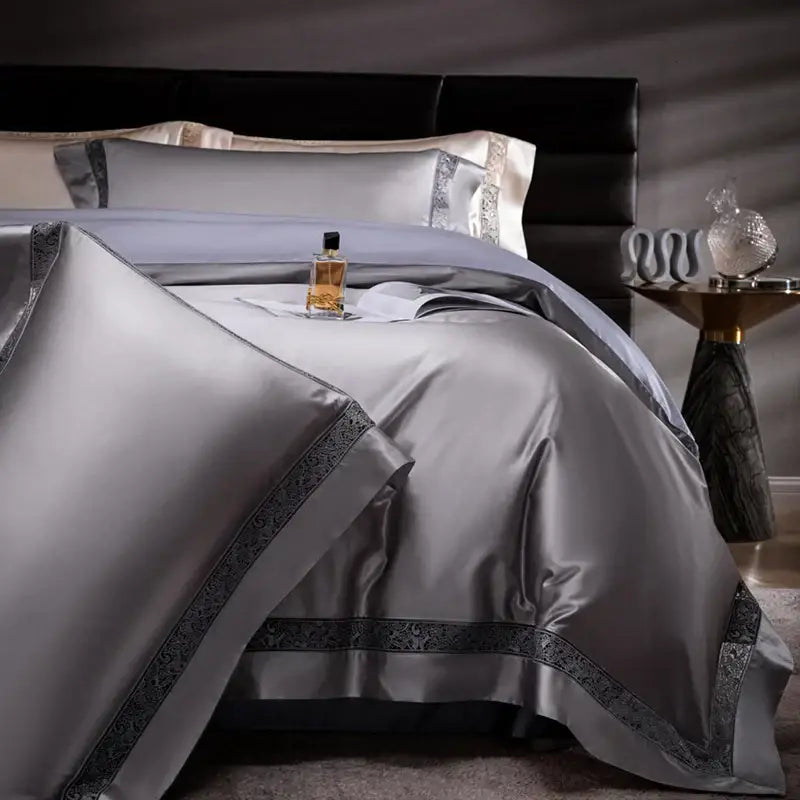 Cream & silver damask lyocell cotton bedding set bedroom lace trim