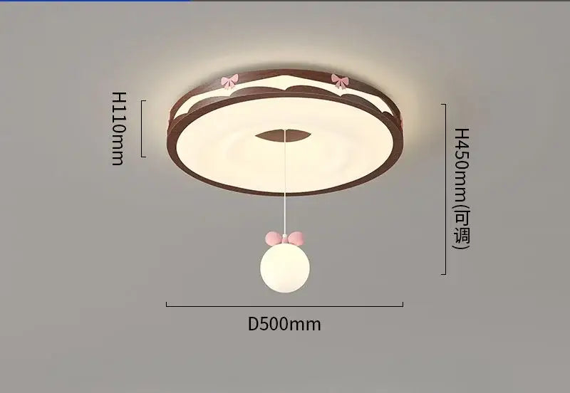 Cream wind walnut round bedroom light with pink bow hanging bulb