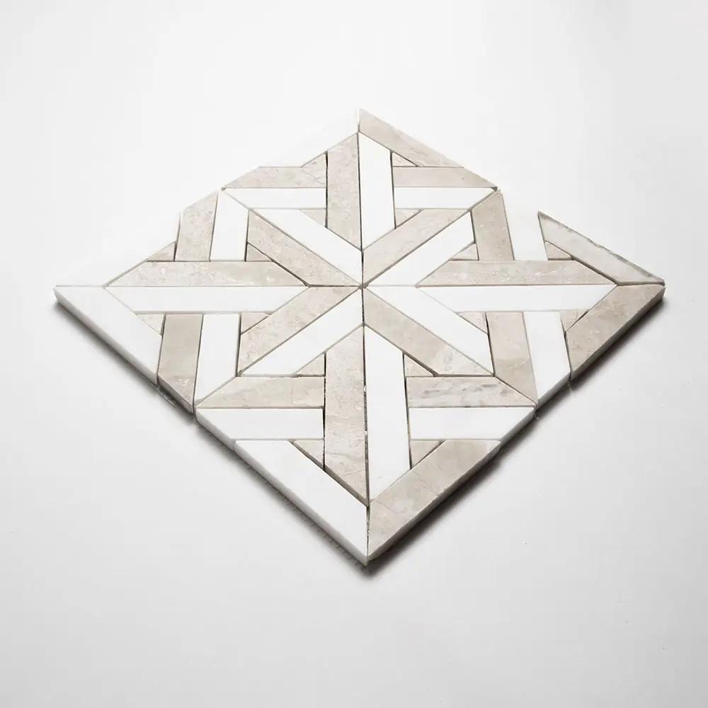 Crossed Pickets Alpina White, Royal Beige Honed Marble Waterjet Decos 9 11/16x9 11/16