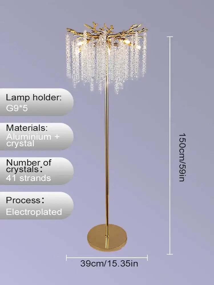 Crystal gold led floor lamp for living room with cascading strands