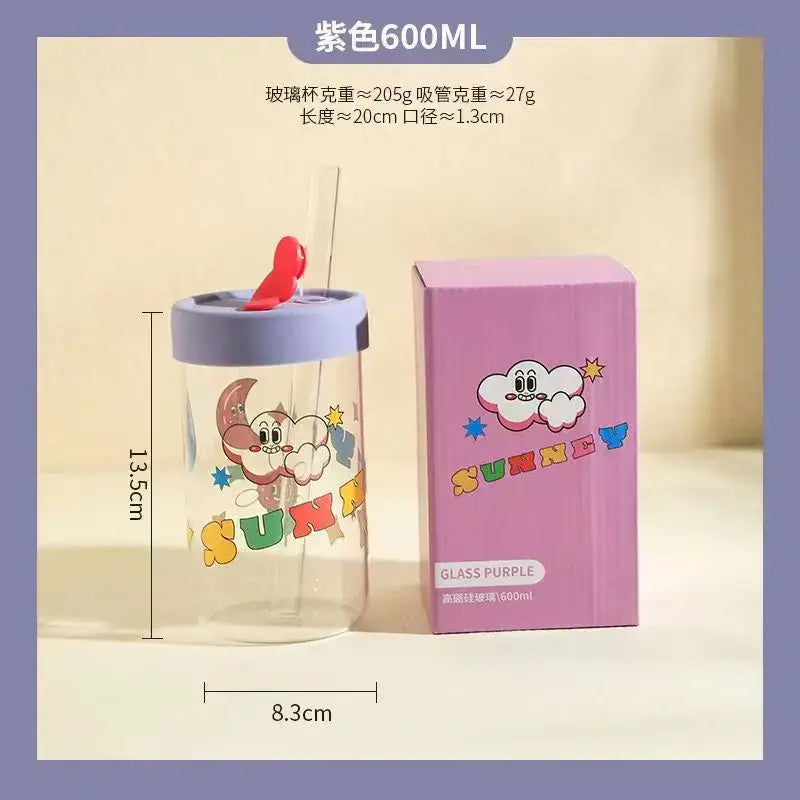 Cute bear cartoon glass cup with orange & pink – kitchen drinkware