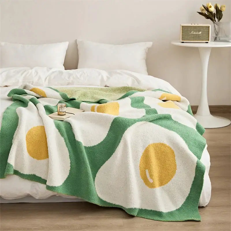 Cute poached egg blanket green knitted throw bedroom decor