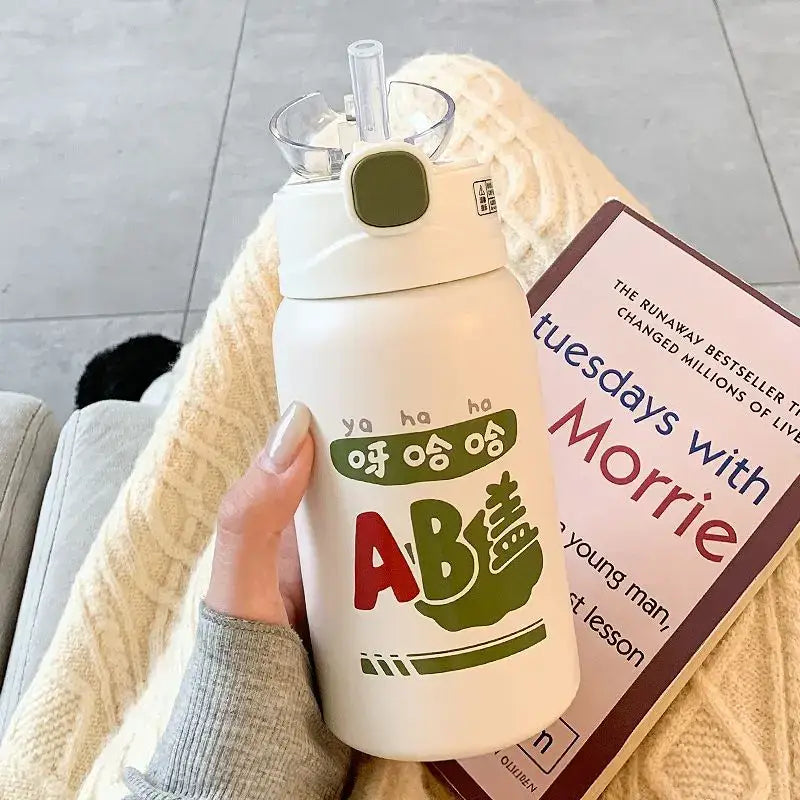 Cute white and green cartoon straw thermos cup for kitchen and travel