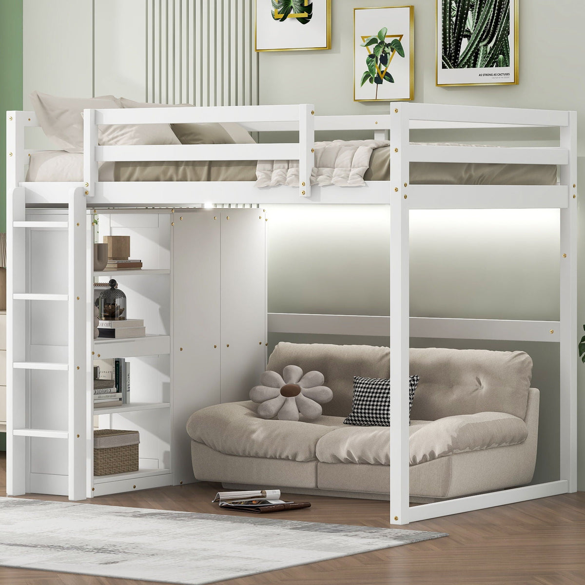 Loft Bed With Built In Wardrobe, Storage Shelves, And LED Light