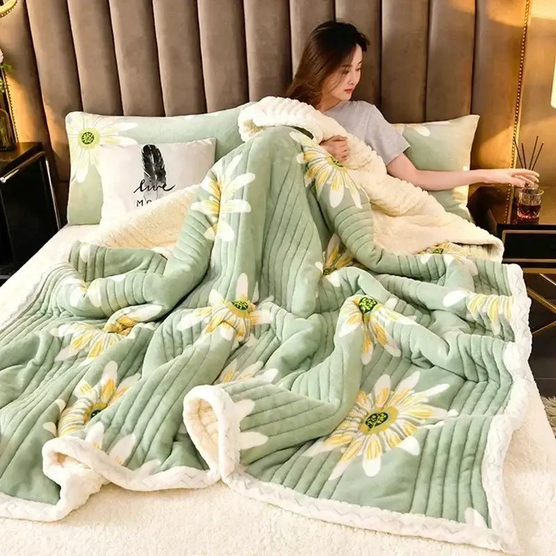 Daisy embroidered mint & white cozy milk velvet blanket bedroom warmth