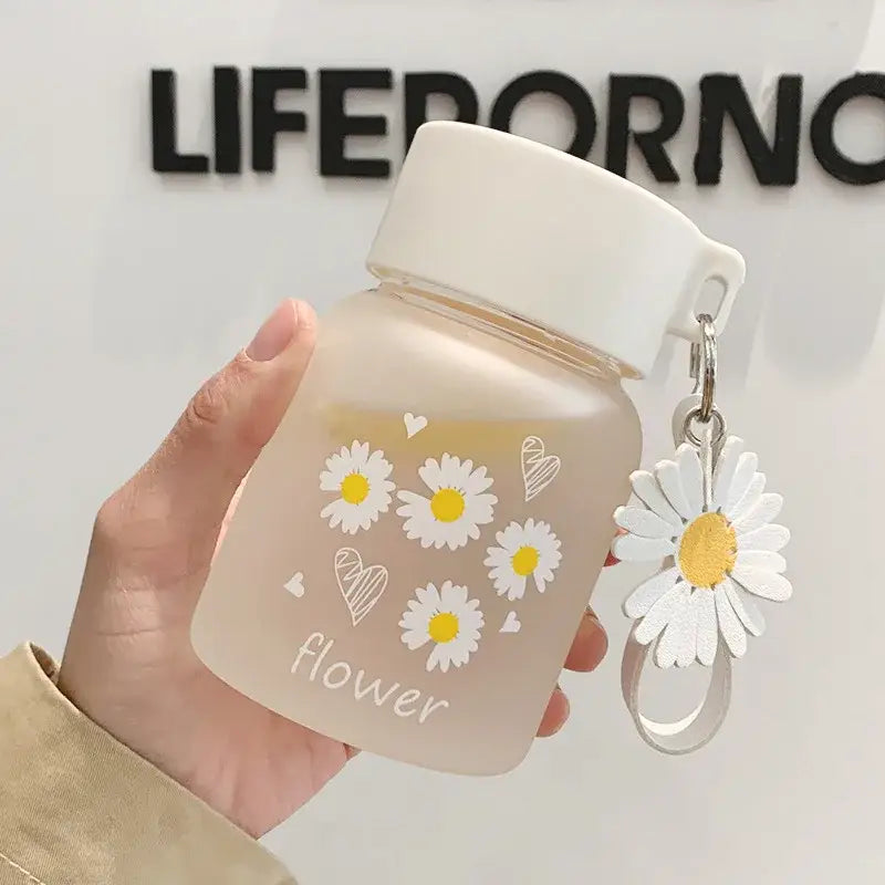 Daisy flower glass water bottle yellow & white kitchen tumbler charm