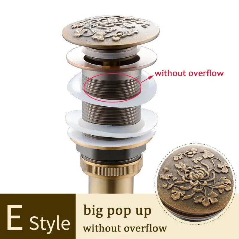 Decorative tree motif gold brass pop up drain bathroom sink