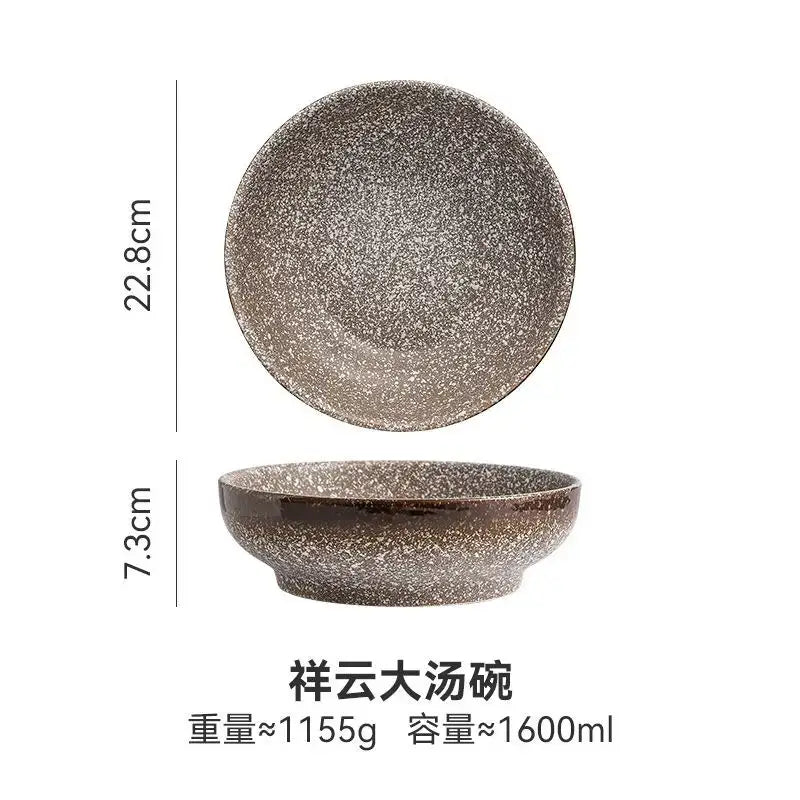 Retro beige ceramic ramen noodle bowl dining room blue fish pattern