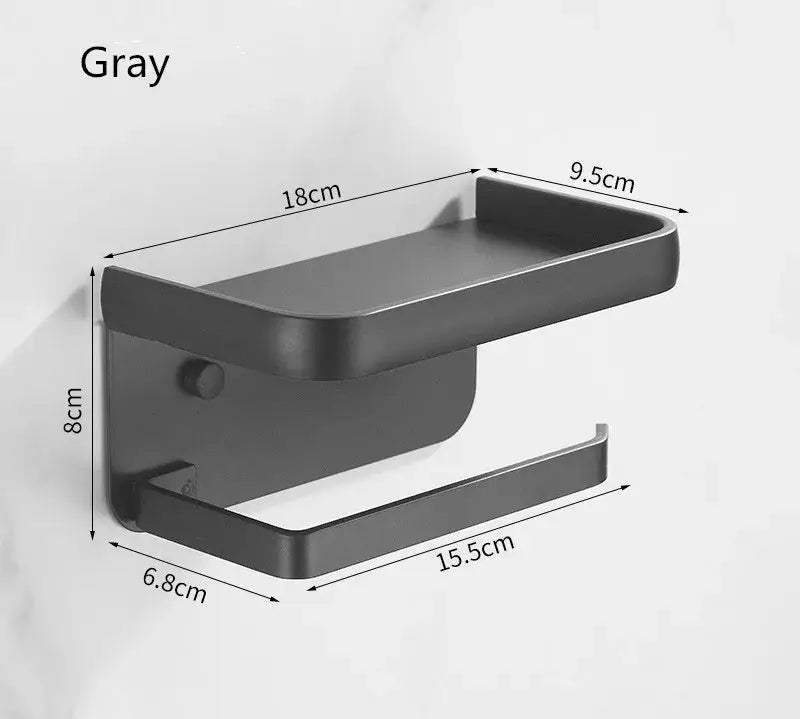 Matte black aluminum tissue holder with phone shelf bathroom rack