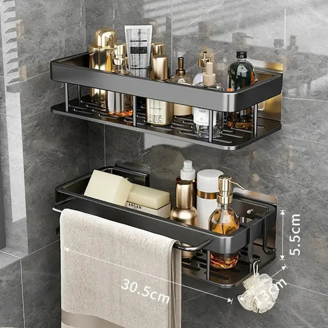 Silver two tier aluminum corner shelf bathroom storage with towel rack