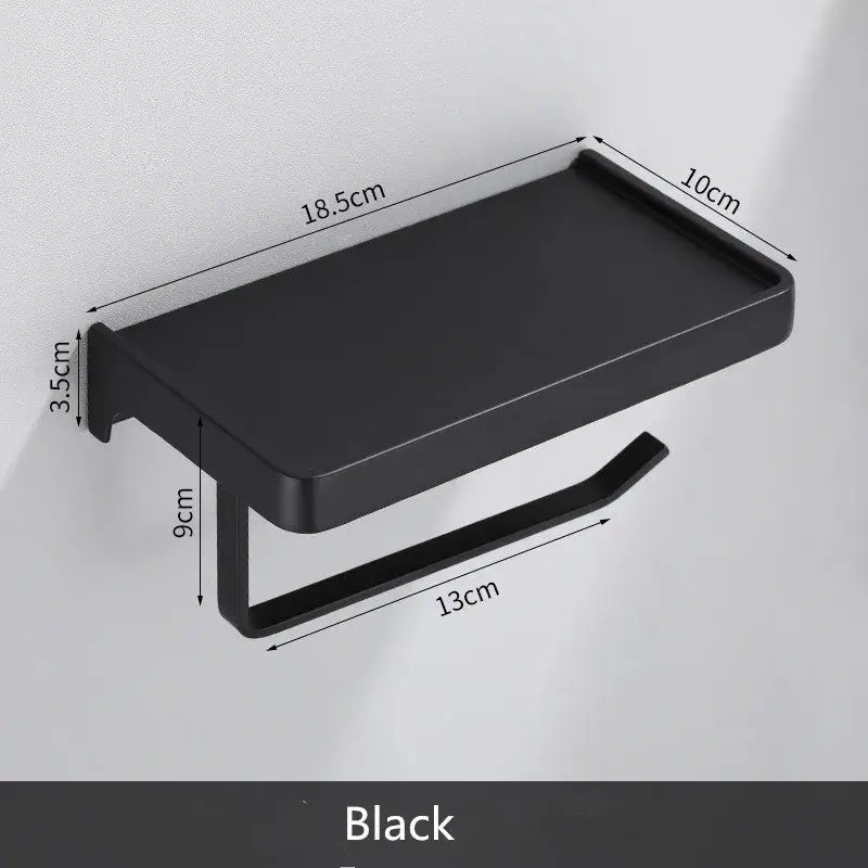 Black aluminum gray bathroom paper roll holder with phone shelf