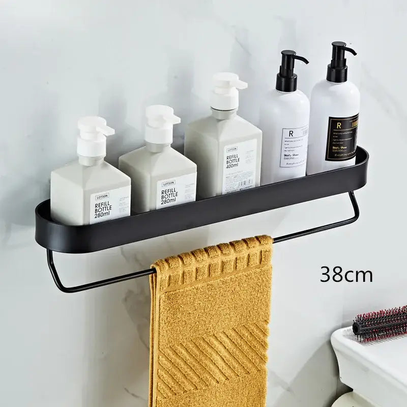 Modern black aluminum bathroom shelf with towel bar and corner storage