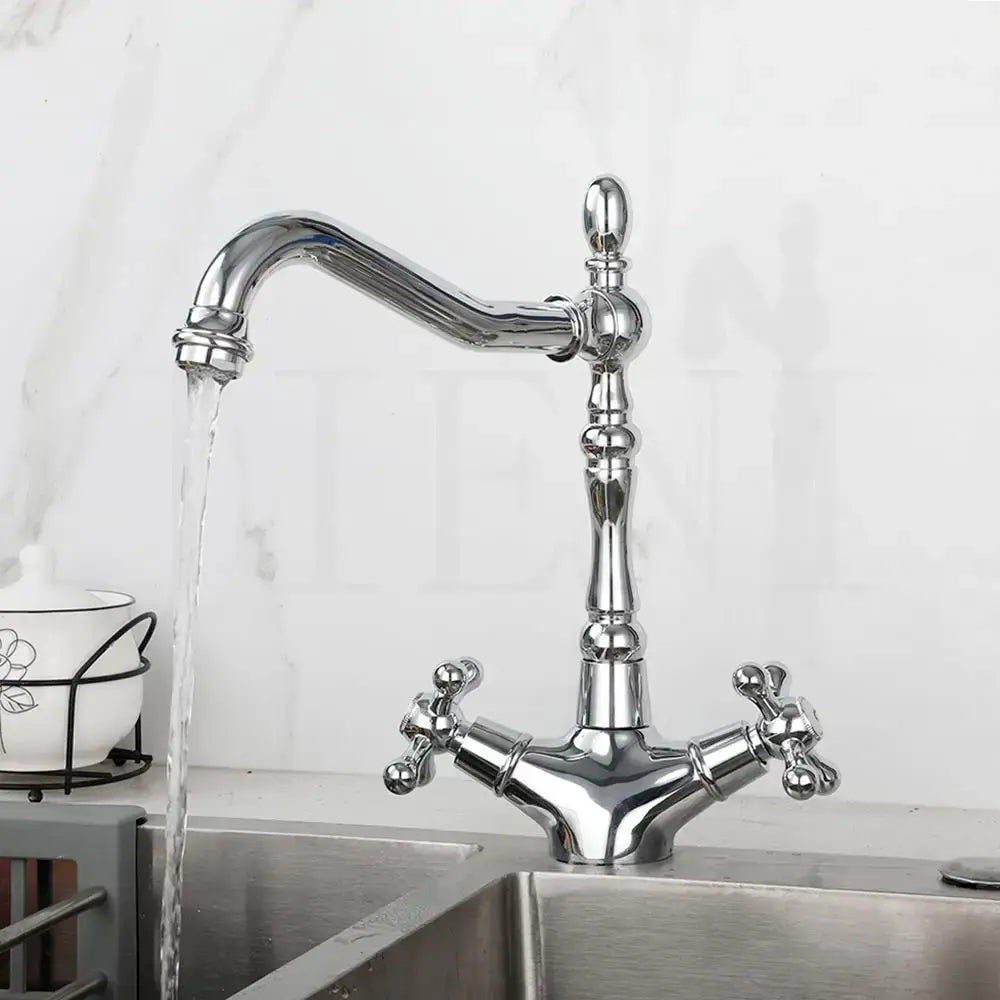 Antique brass dual handle kitchen faucet with swivel spout