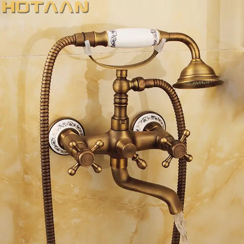 Antique brass vintage shower head kit bathroom faucet with ceramic handles