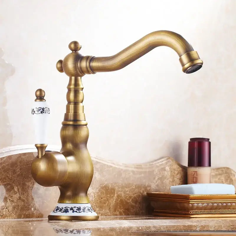 Antique brass ceramic handle kitchen sink faucet