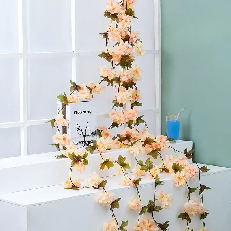 Pink artificial sakura flowers vine garden and wedding decor