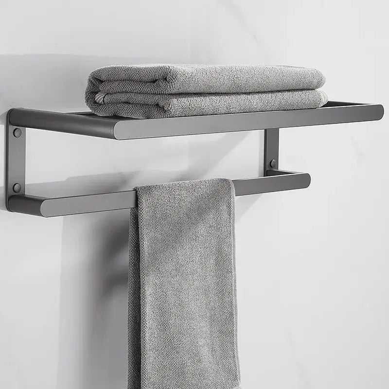 Modern matte black bathroom hardware set with shelf and towel rack