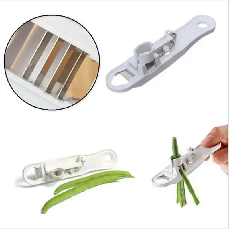 White plastic bean slicer cutter peeler for kitchen green beans