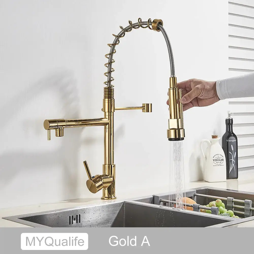 Decorbites black brass kitchen faucet with dual spout and pull down spray