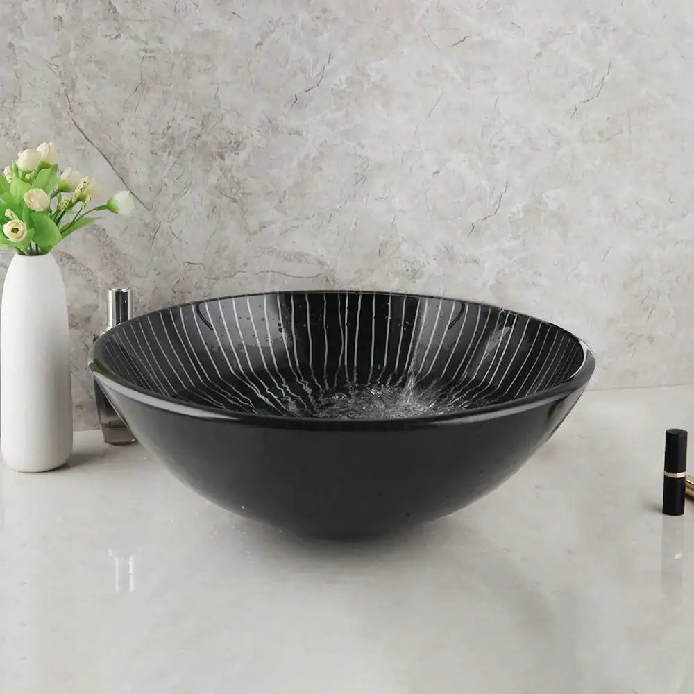 Modern black etched glass bathroom sink set with waterfall faucet